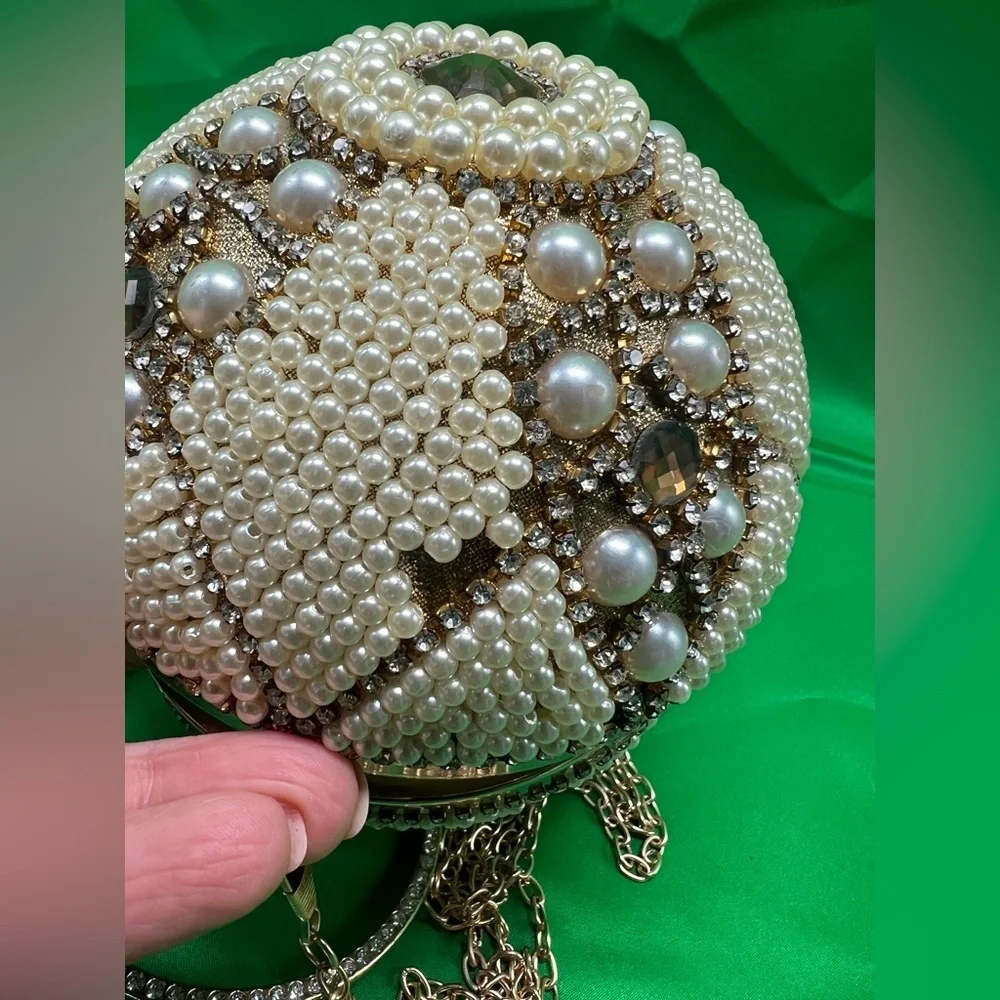 Unique Round beaded: Evening Clutch, wedding wristlet with long gold chain